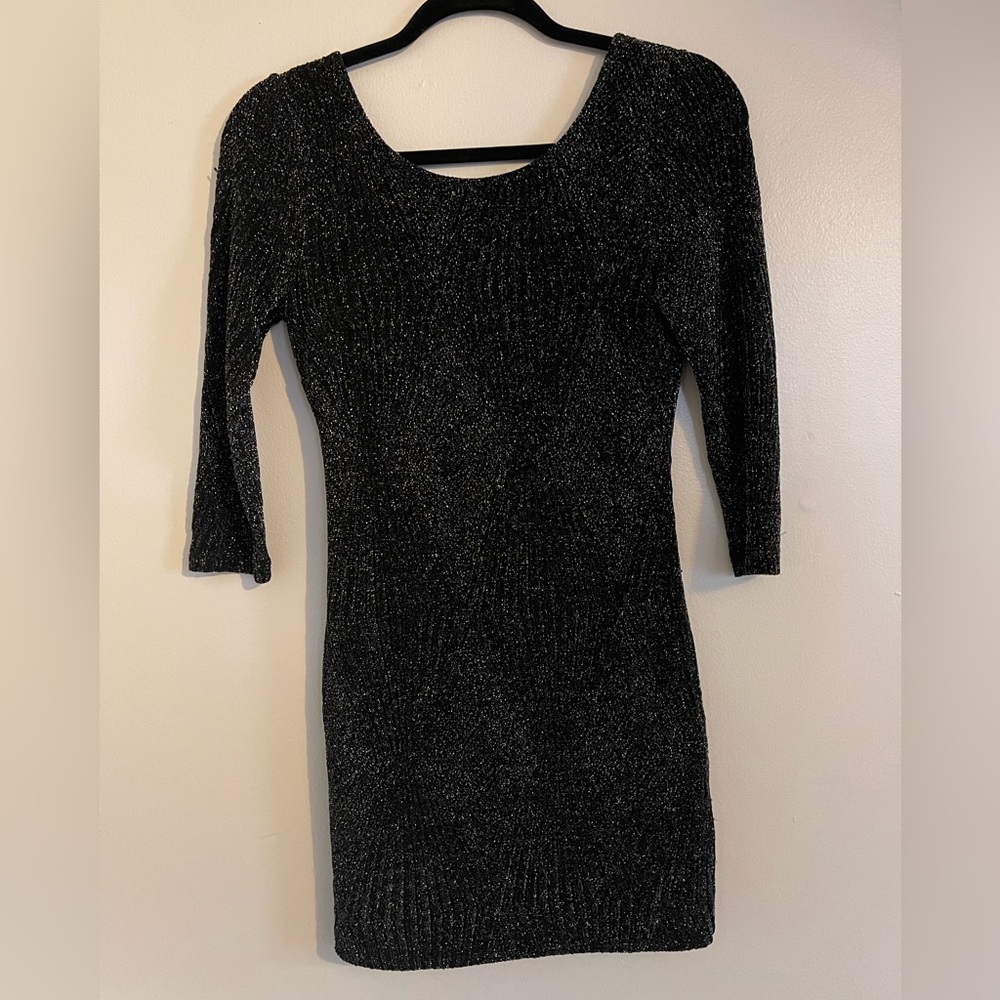 Black and Silver Shimmer Backless Dress with Long Sleeves